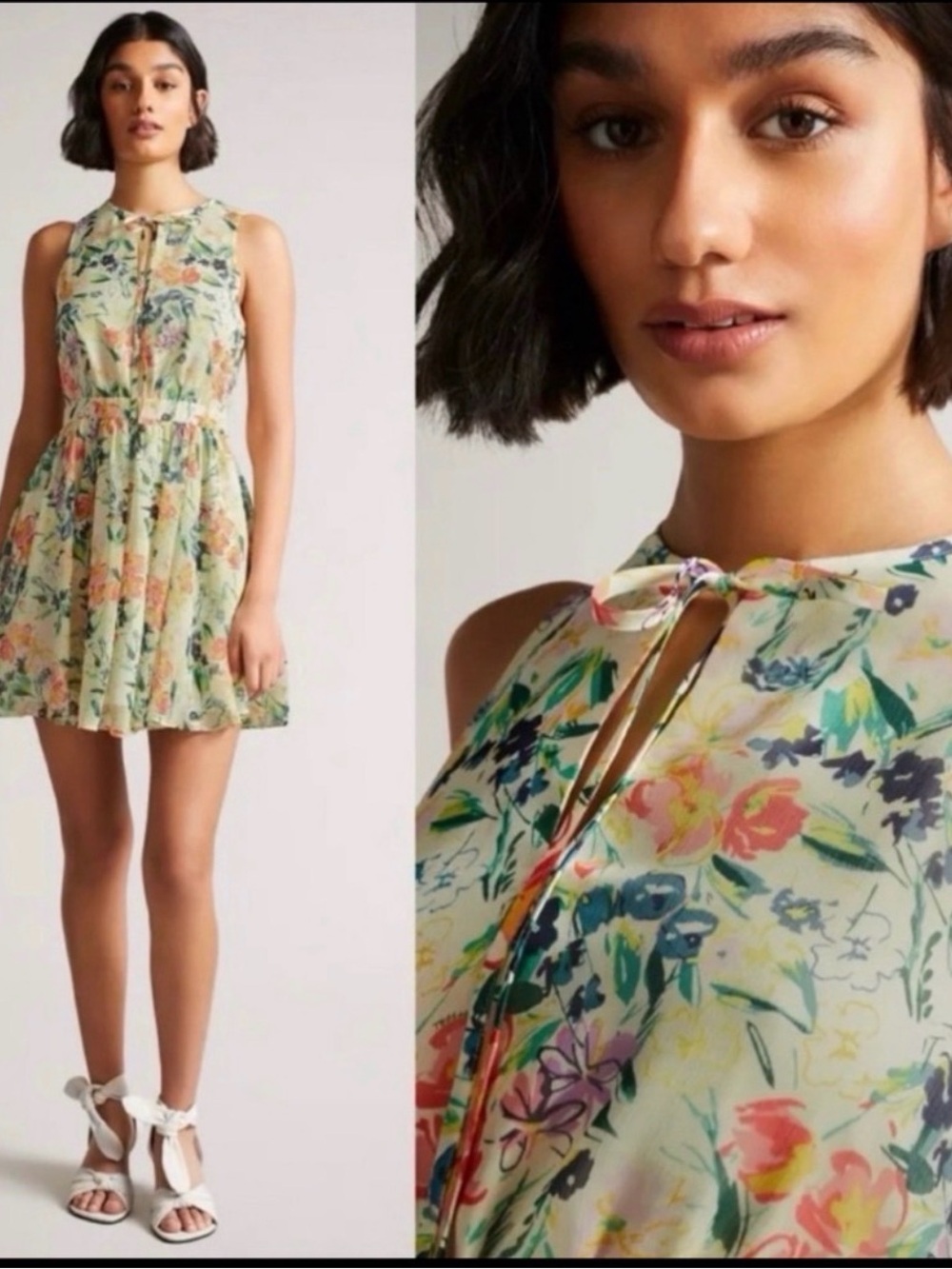 Ted Baker Floral Tie-Neck Mini Dress in Cream with Multicolor Bloom Size 2